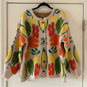 Women’s Garden Veggie Jacquard Knit Button Front Long Sleeve Cardigan - apricot